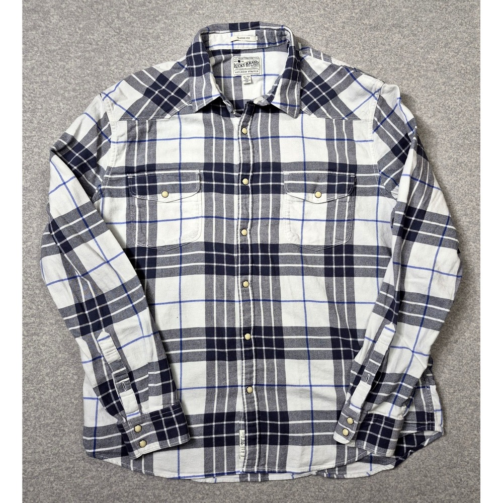Lucky Brand Saturday Stretch Flannel Shirt Mens XL Blue Plaid Western Pearl Snap